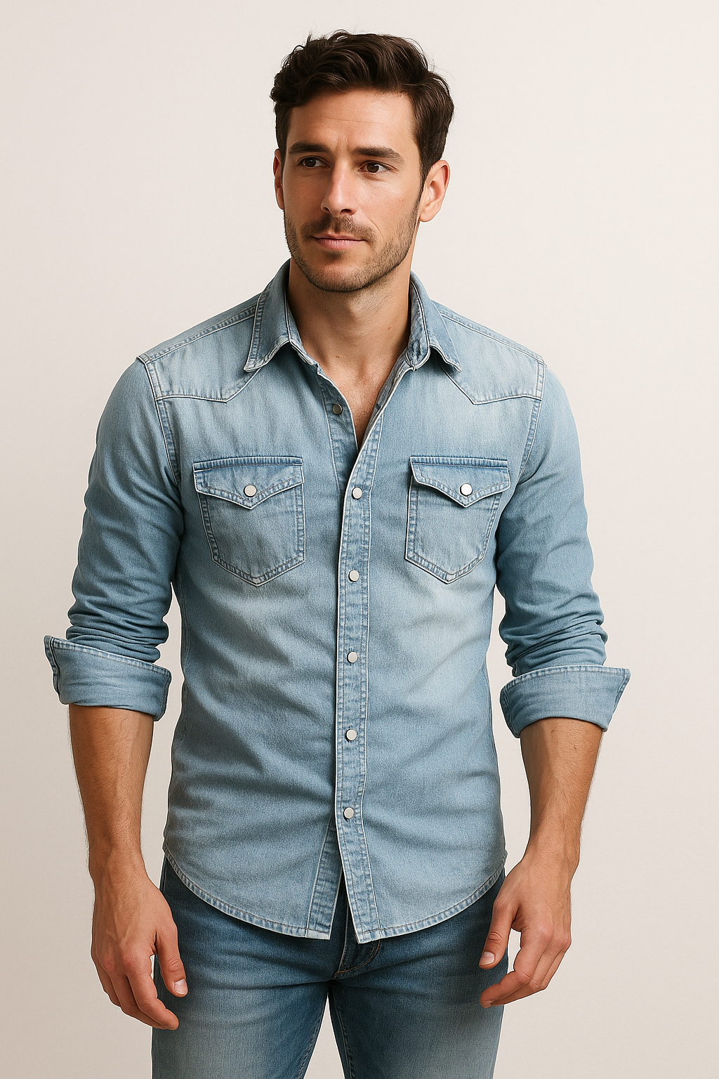 Men’s Denim Button-Up Shirt Long Sleeve