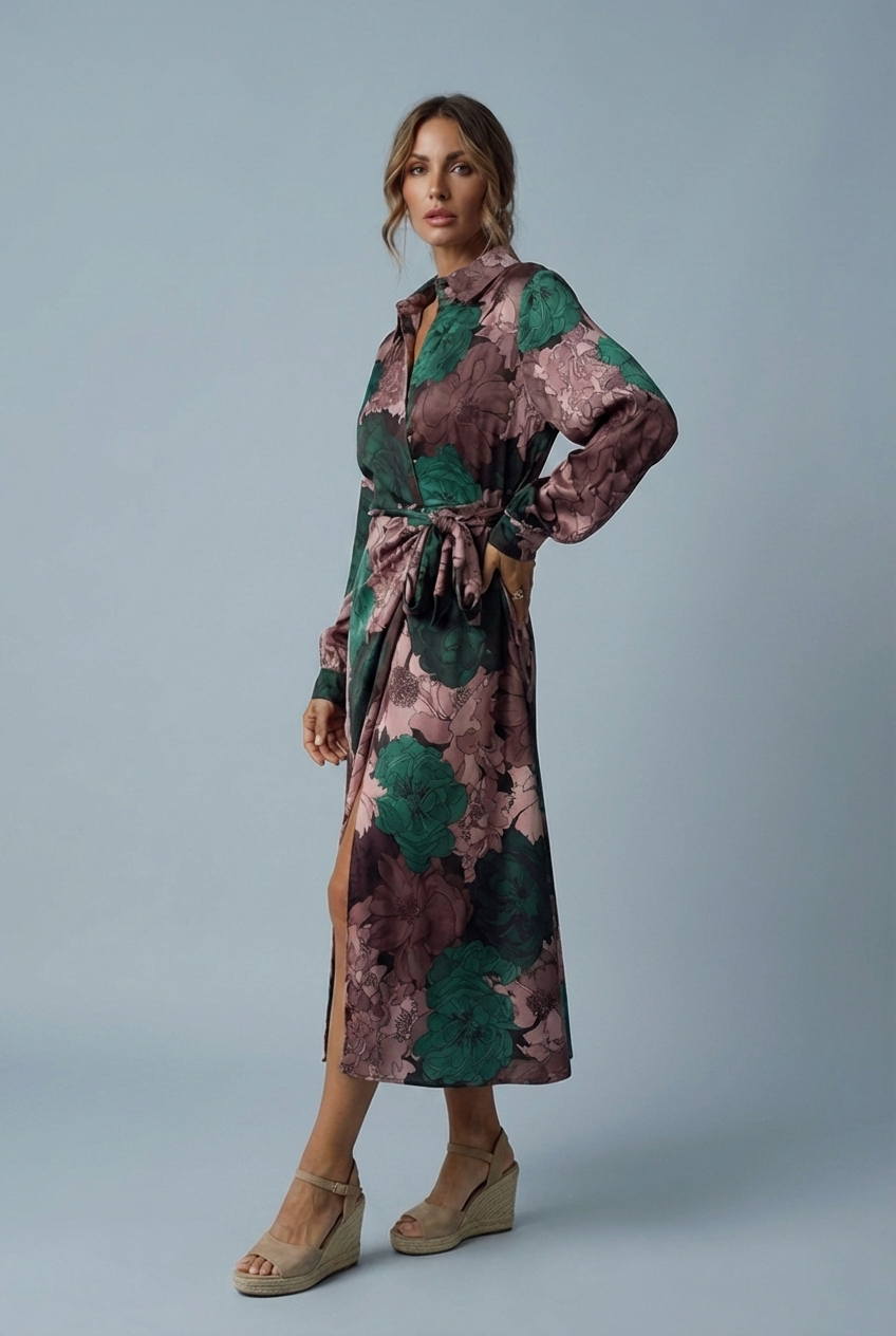 Floral Long Sleeve Tie Waist Shirt Maxi Dress