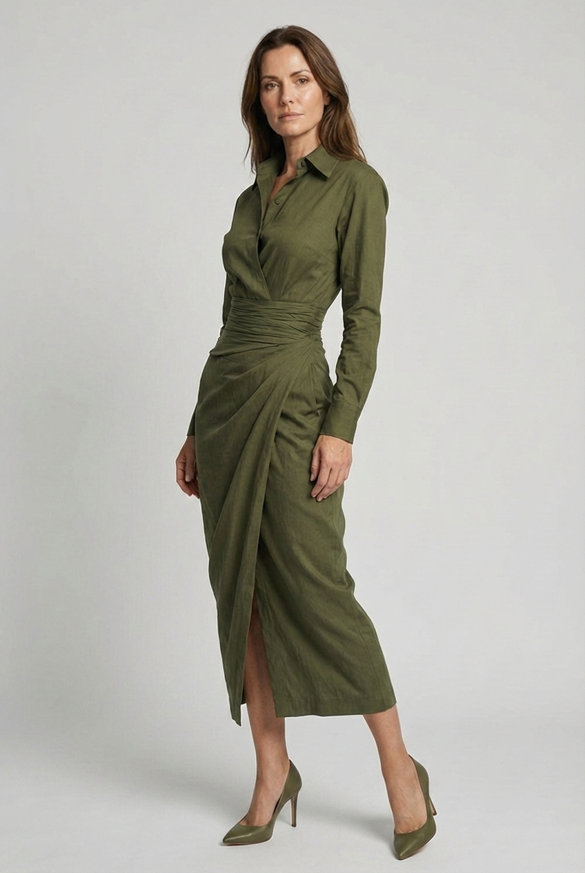 Shirt Collar Ruched Wrap Midi Dress Women