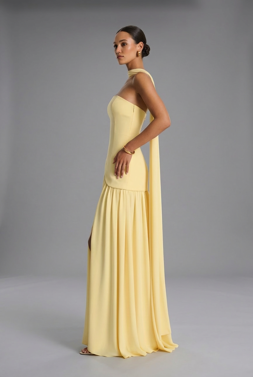 Women’s Satin Drape-Neck High Slit Evening Gown