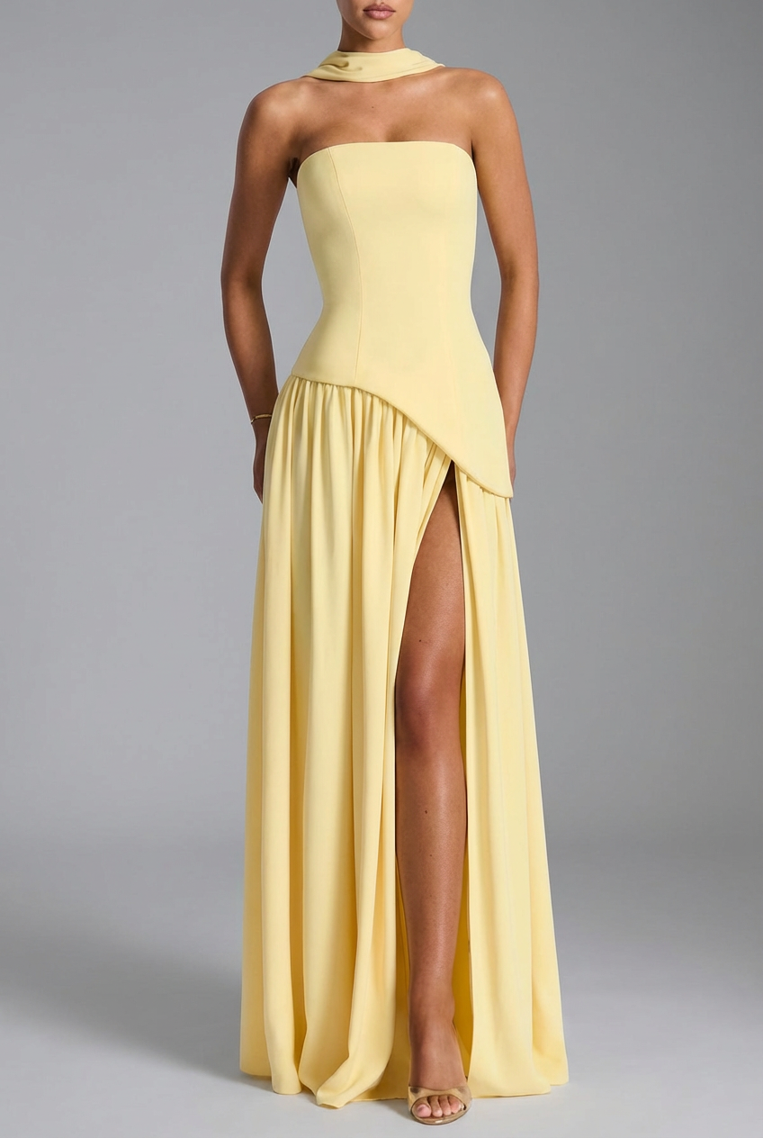 Women’s Satin Drape-Neck High Slit Evening Gown