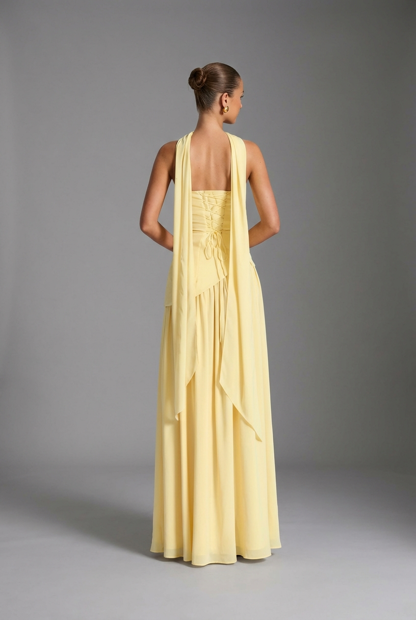 Women’s Satin Drape-Neck High Slit Evening Gown