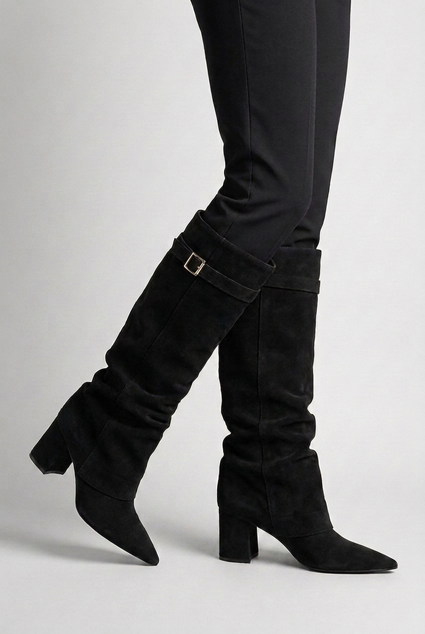 Suede Style Slouchy Knee-High Block Heel Boots