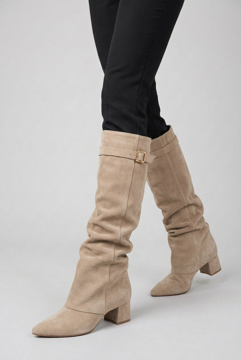 Suede Style Slouchy Knee-High Block Heel Boots