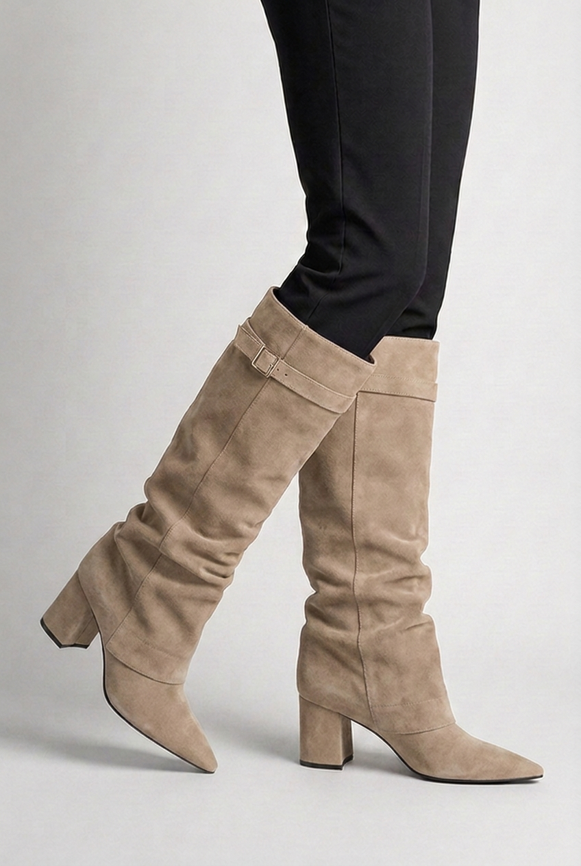 Suede Style Slouchy Knee-High Block Heel Boots