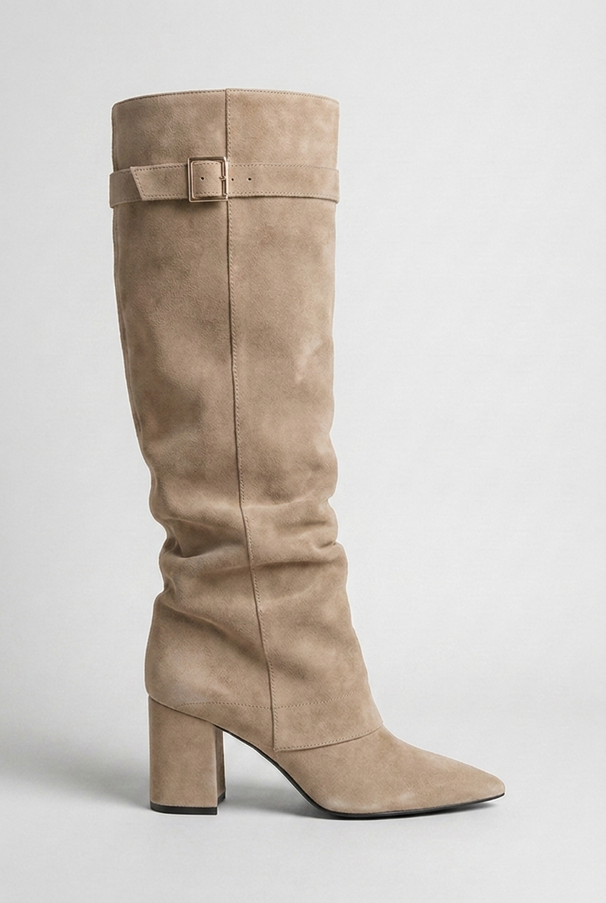 Suede Style Slouchy Knee-High Block Heel Boots