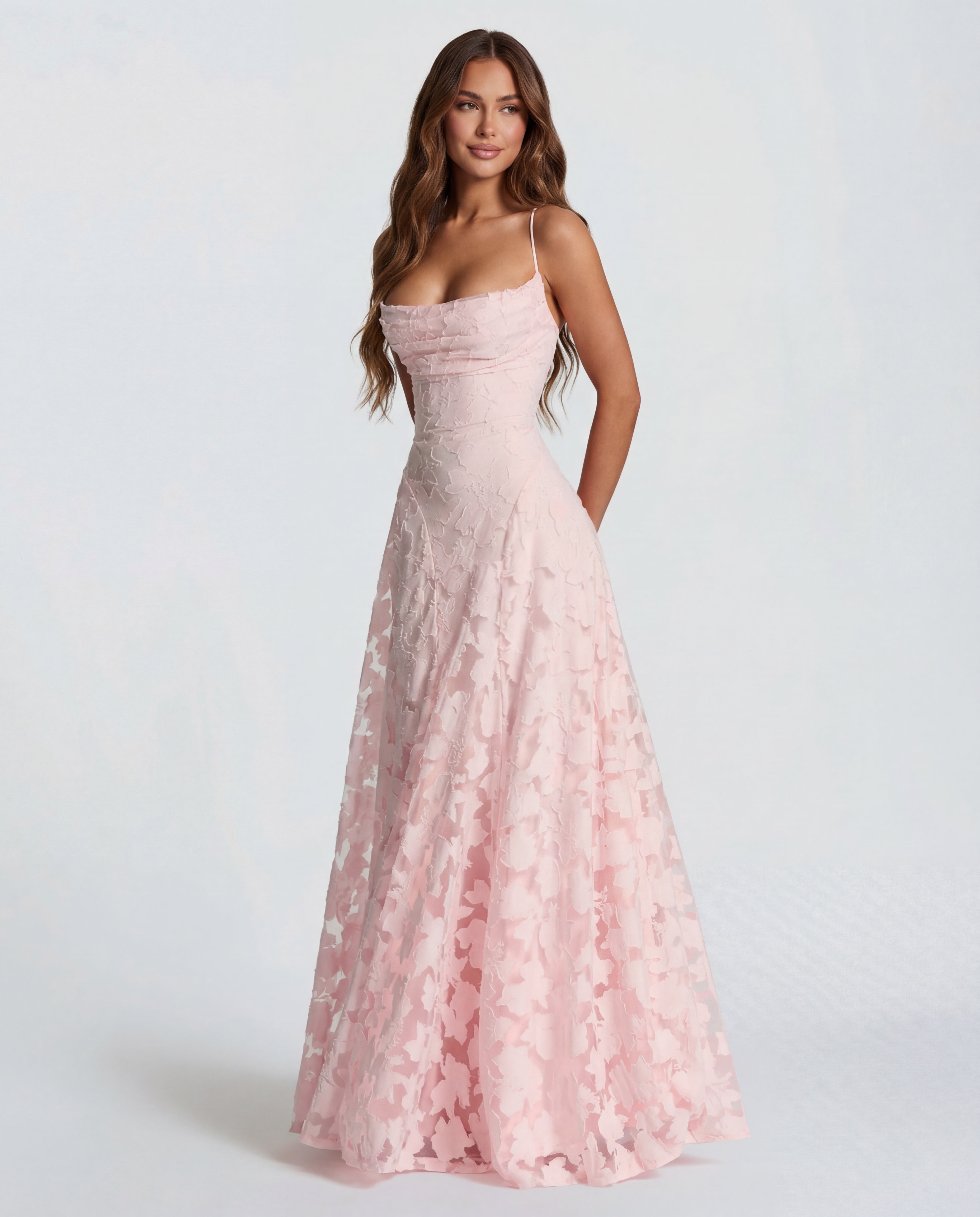 Strappy Cowl Neck Floral Textured Occasion Maxi Dress