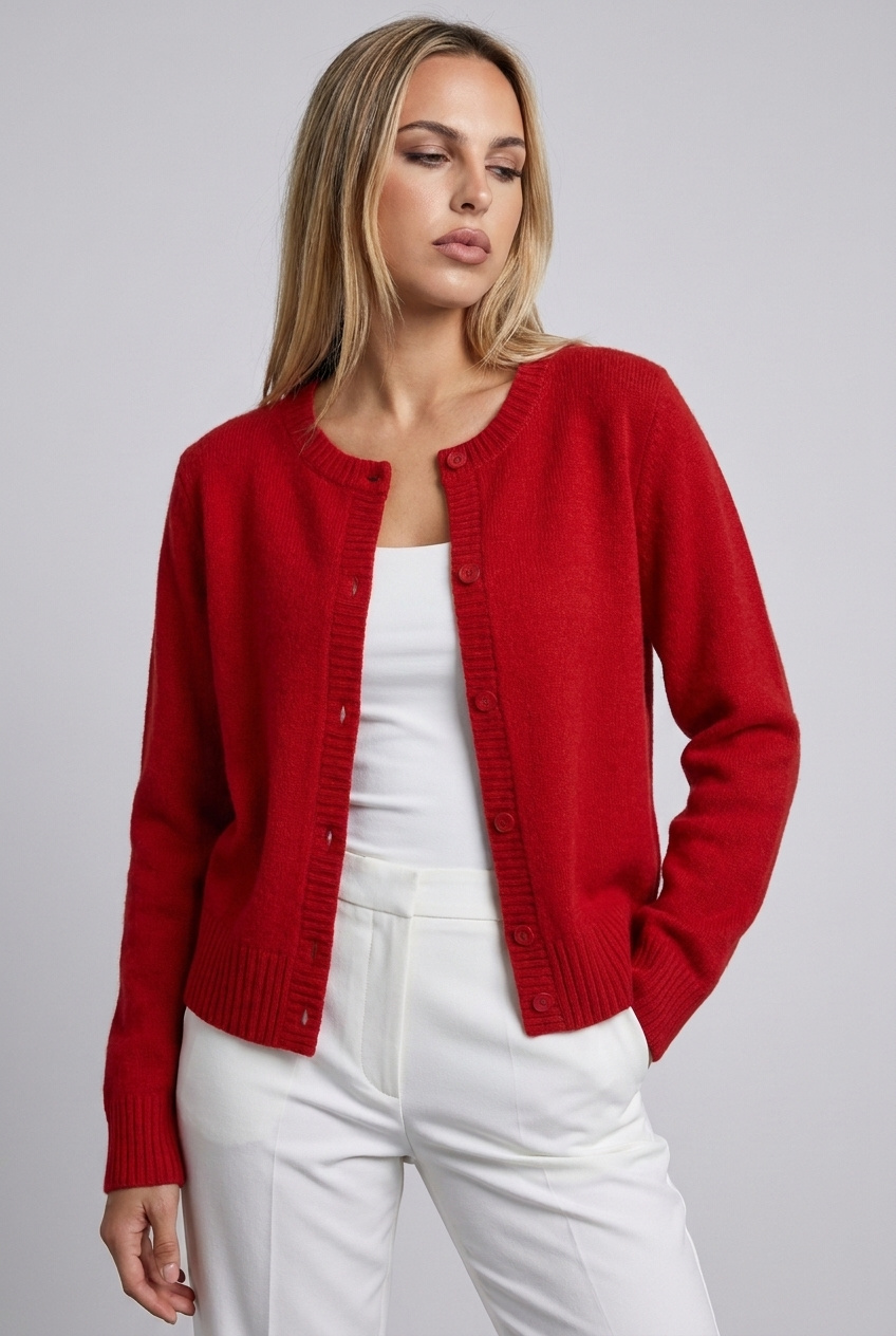 Soft Knit Button-Up Cardigan Round Neck