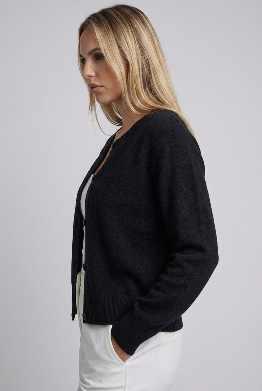 Soft Knit Button-Up Cardigan Round Neck