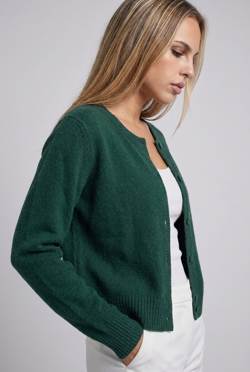 Soft Knit Button-Up Cardigan Round Neck