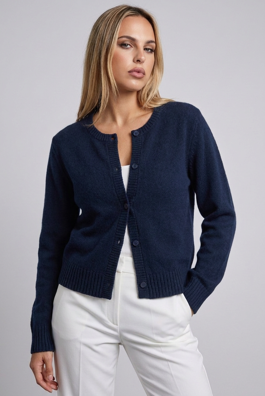 Soft Knit Button-Up Cardigan Round Neck
