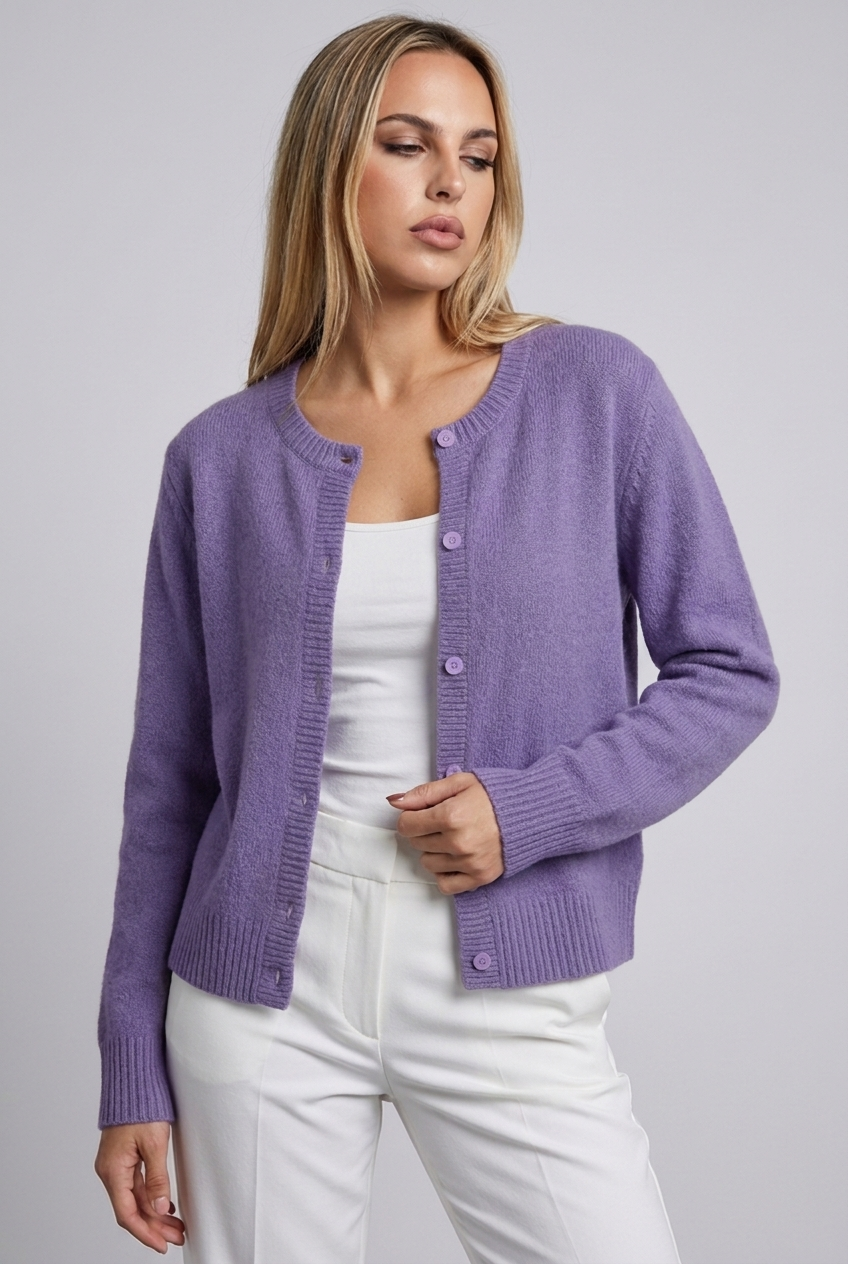 Soft Knit Button-Up Cardigan Round Neck