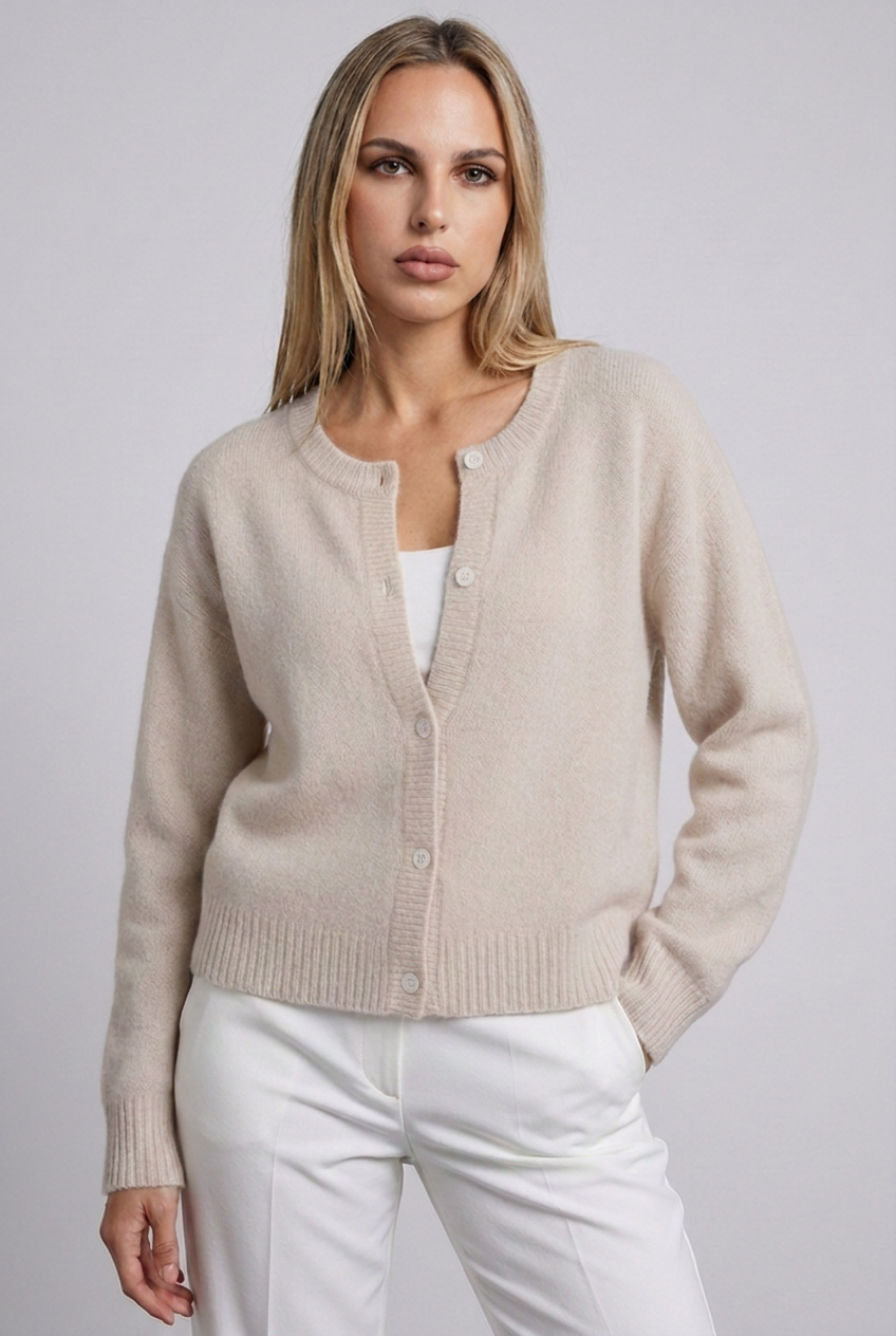 Soft Knit Button-Up Cardigan Round Neck