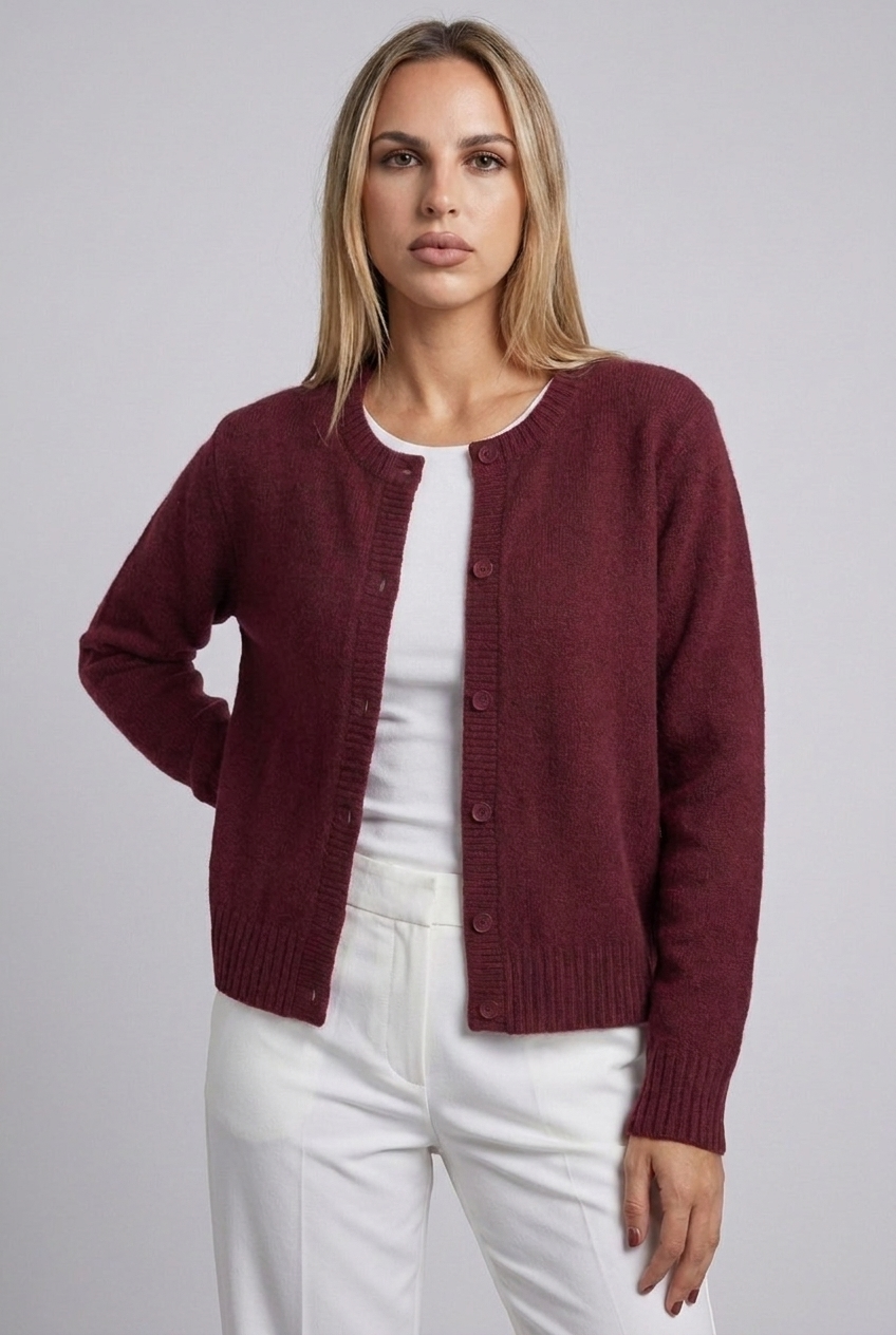 Soft Knit Button-Up Cardigan Round Neck