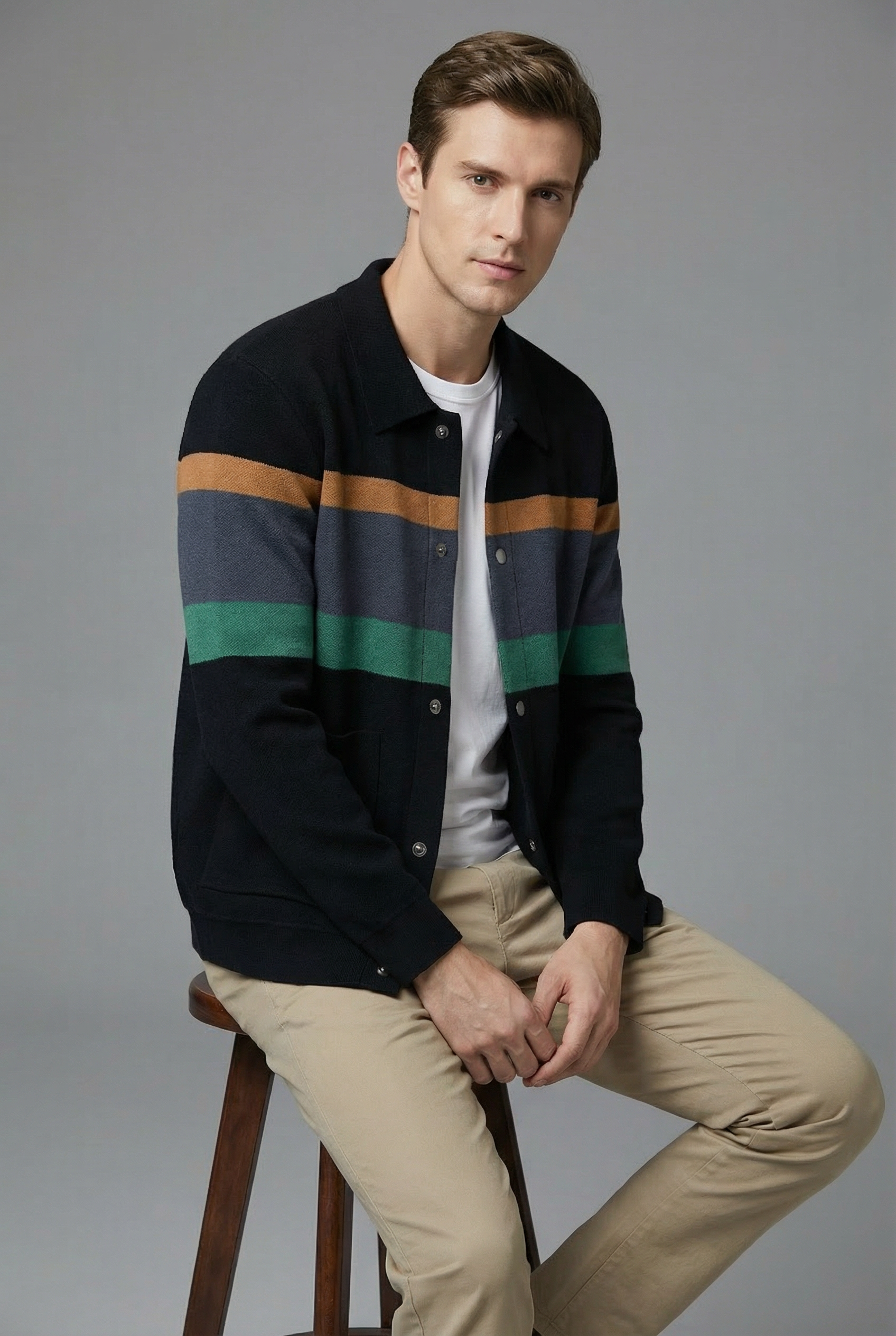 Men’s Striped Knit Style Jacket – Casual Button-Up Cardigan
