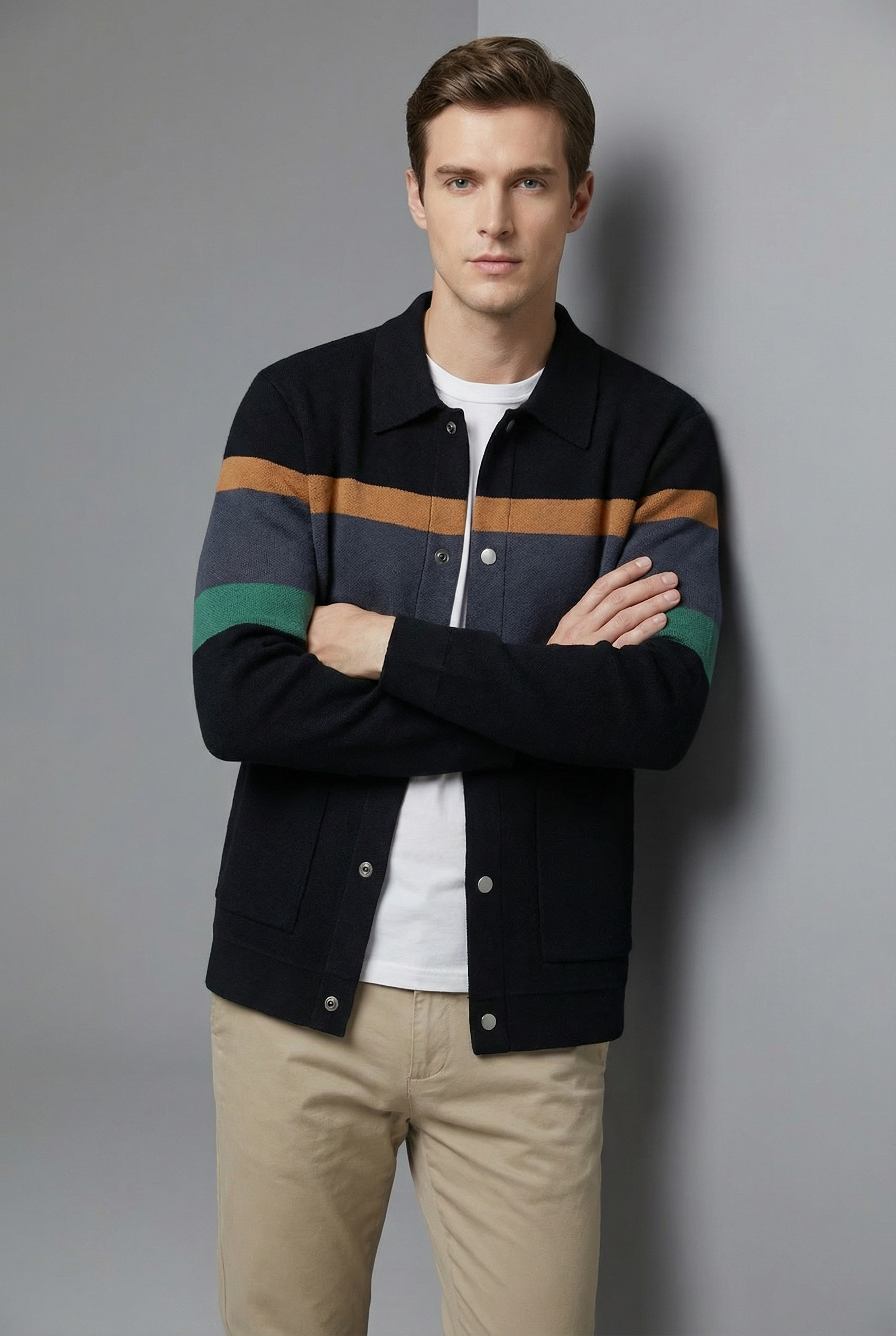 Men’s Striped Knit Style Jacket – Casual Button-Up Cardigan