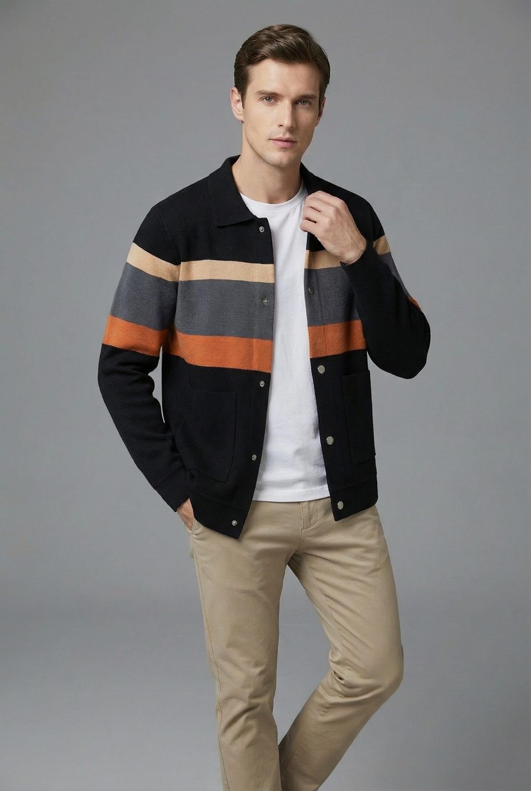 Men’s Striped Knit Style Jacket – Casual Button-Up Cardigan