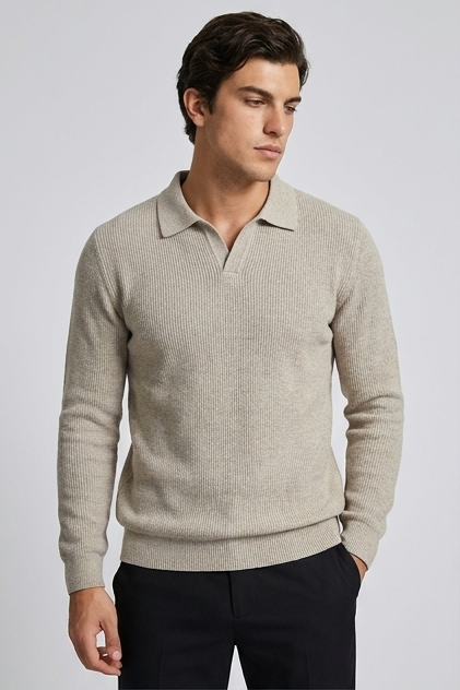 Striped Collar Knit Style Long Sleeve Polo Men