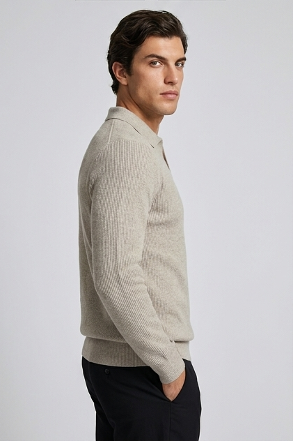 Striped Collar Knit Style Long Sleeve Polo Men