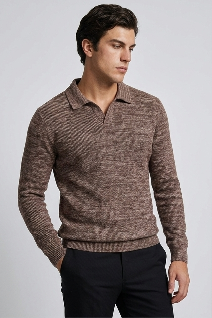 Striped Collar Knit Style Long Sleeve Polo Men