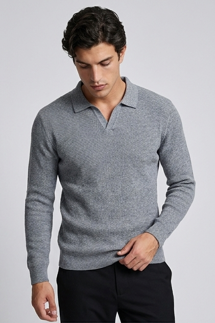 Striped Collar Knit Style Long Sleeve Polo Men