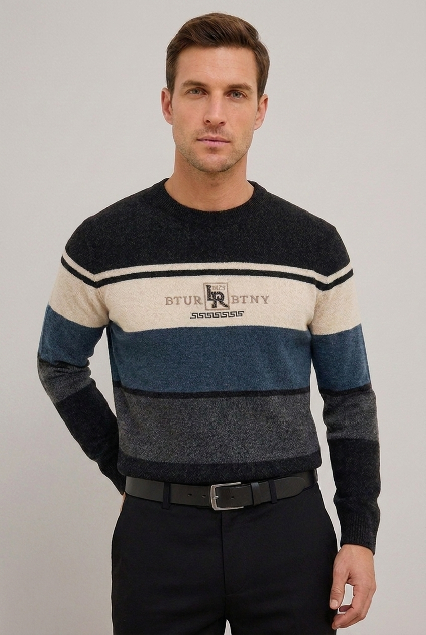 Striped Crew Neck Lightweight Fleece Jumper Men