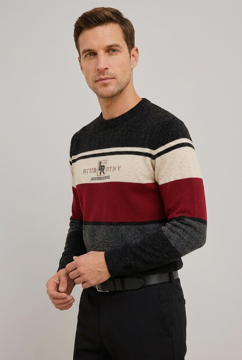 Striped Crew Neck Lightweight Fleece Jumper Men