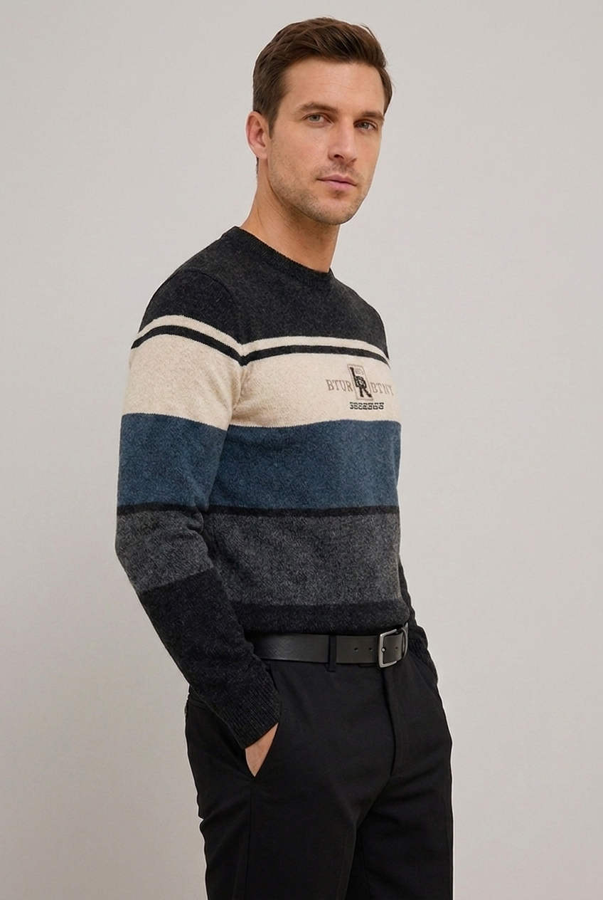 Striped Crew Neck Lightweight Fleece Jumper Men