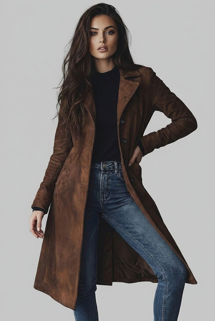 Suede Style Notch Lapel Trench Coat Women