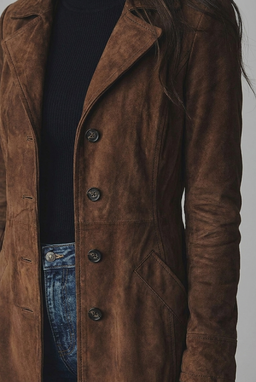 Suede Style Notch Lapel Trench Coat Women