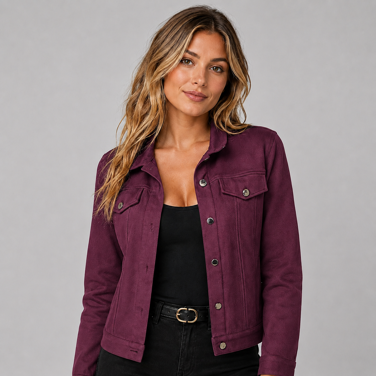 Denim Style Trucker Jacket With Chest Pockets Women