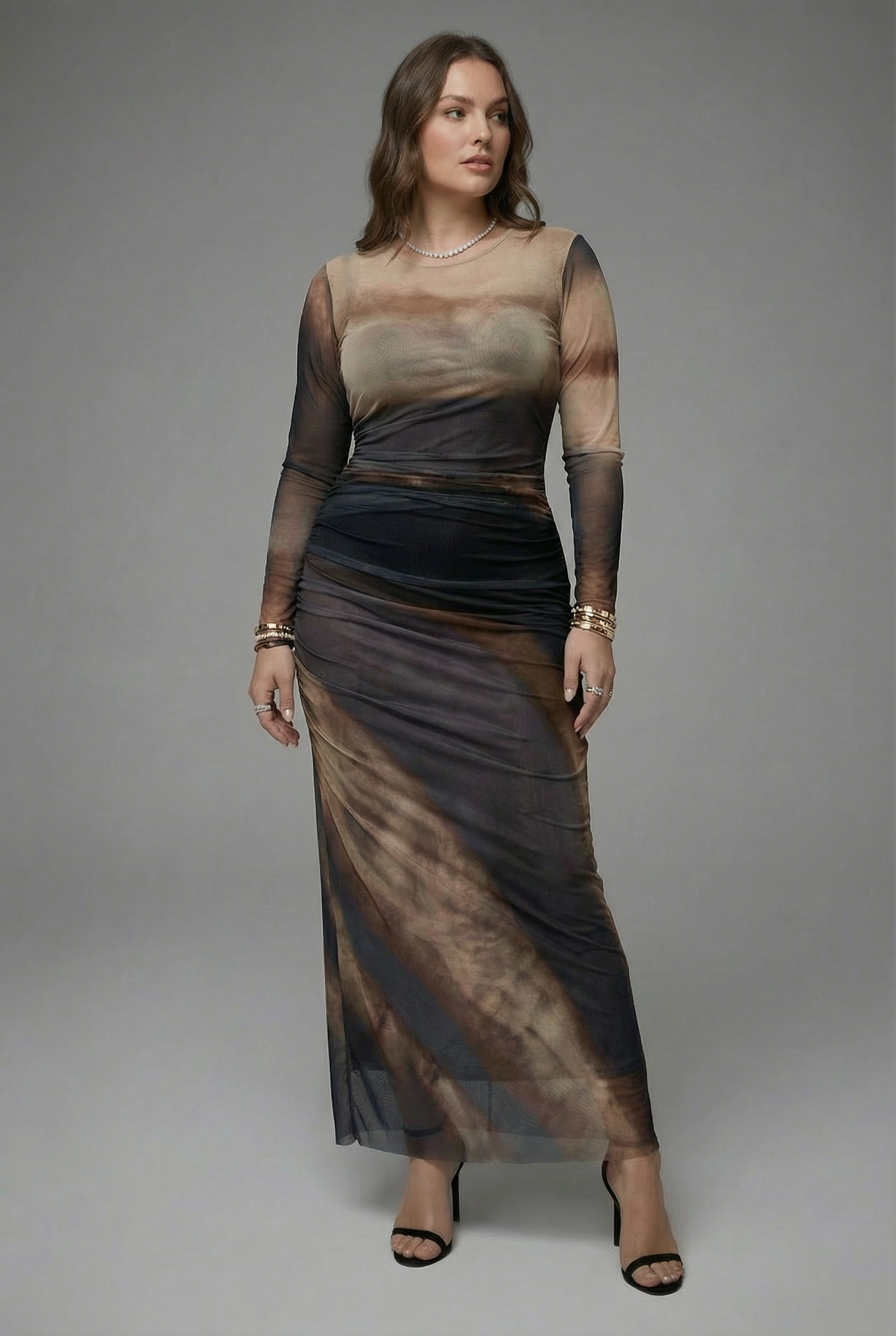 Women’s Tailored Printed Long Sleeve Bodycon Maxi Dress - Marble Print