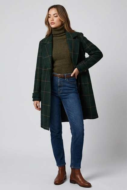 Tailored Plaid Tweed Style Lapel Collar Coat