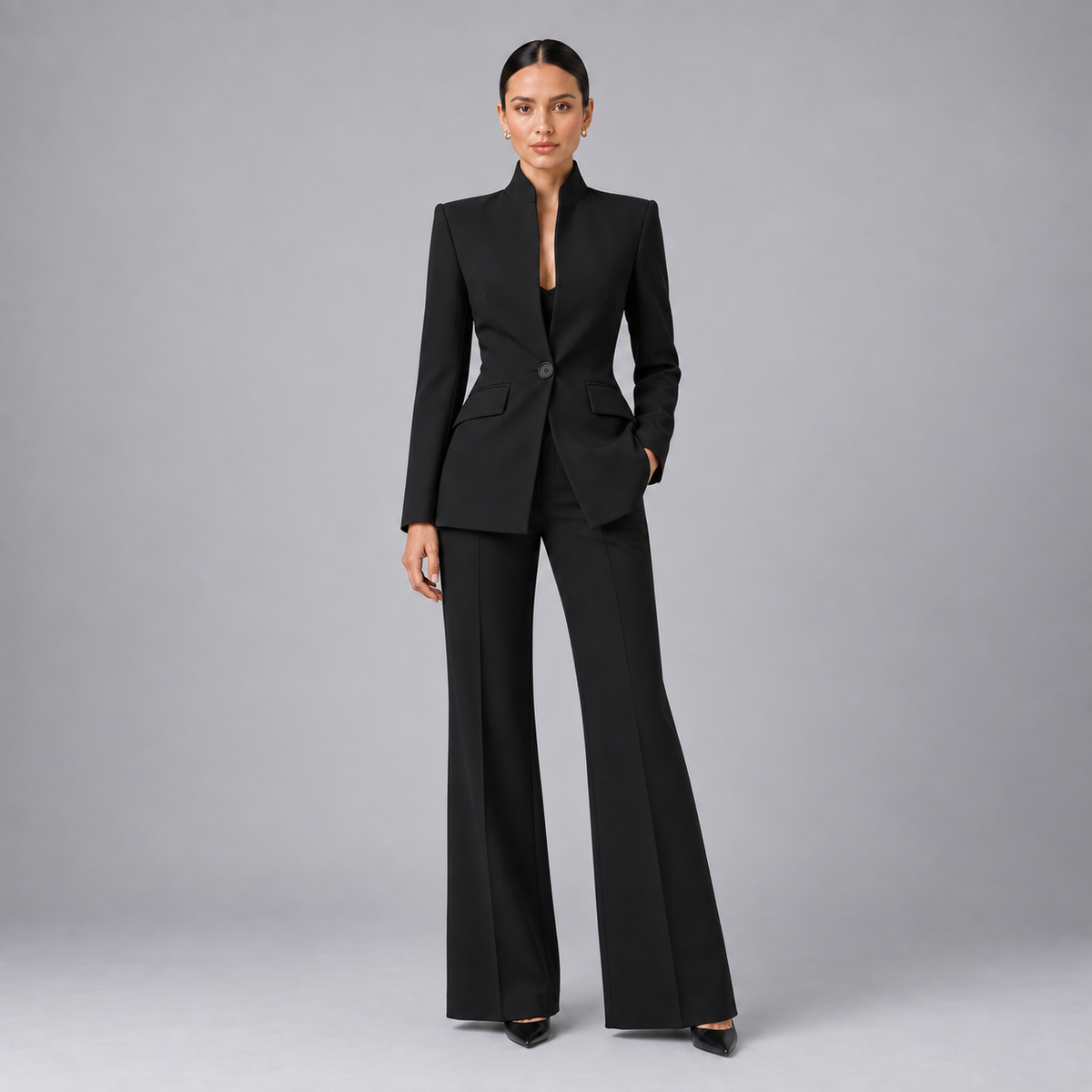 Tailored Collarless Blazer Wide-Leg Trouser Set Women