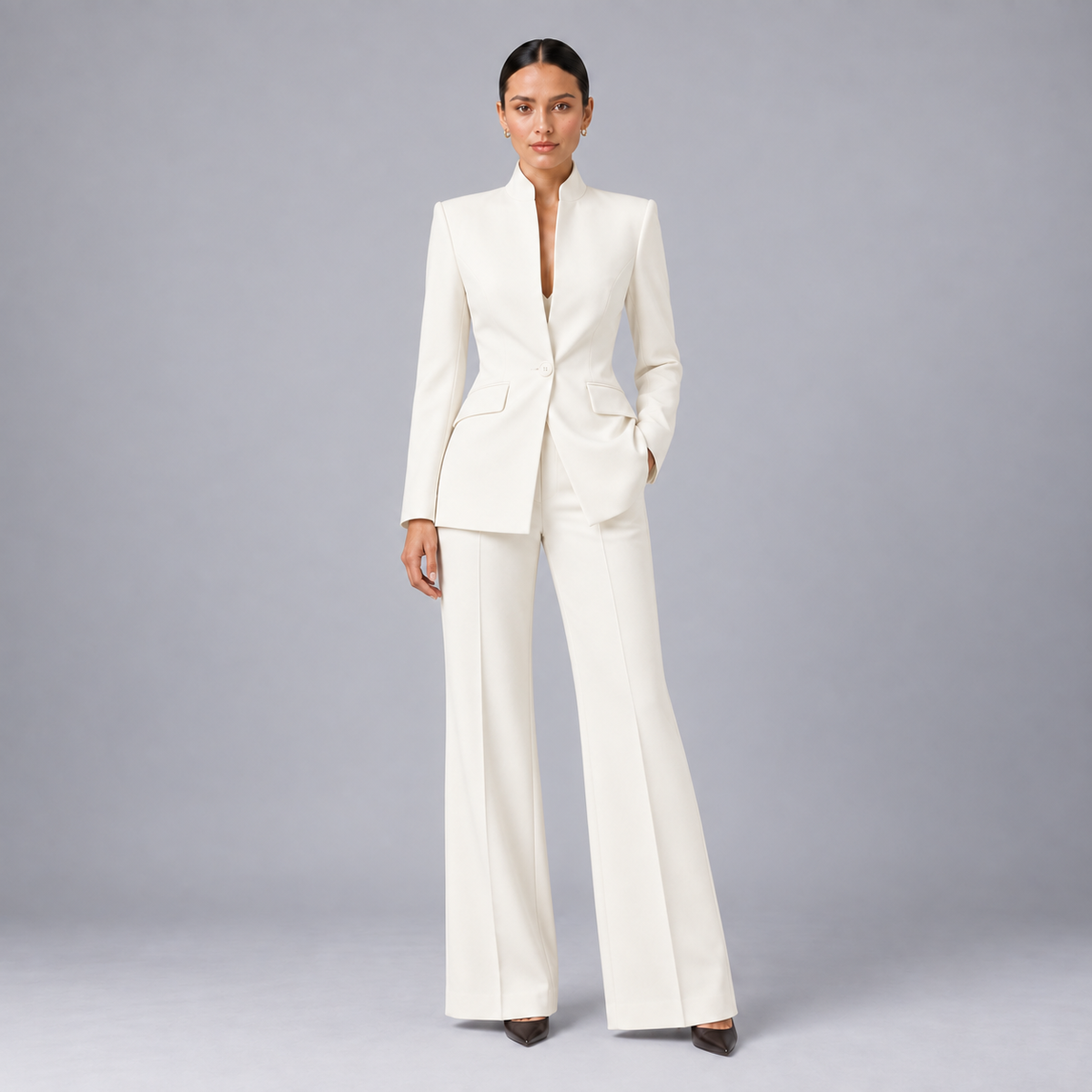 Tailored Collarless Blazer Wide-Leg Trouser Set Women