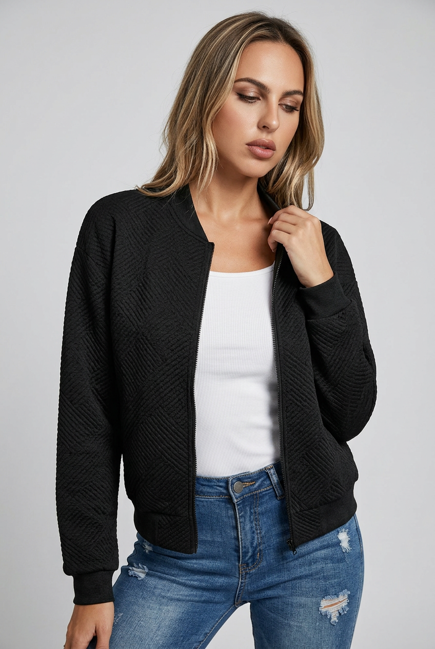 Textured Knit Zip Bomber Jacket Women