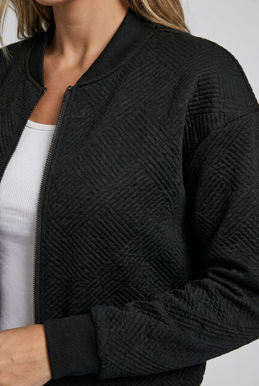 Textured Knit Zip Bomber Jacket Women