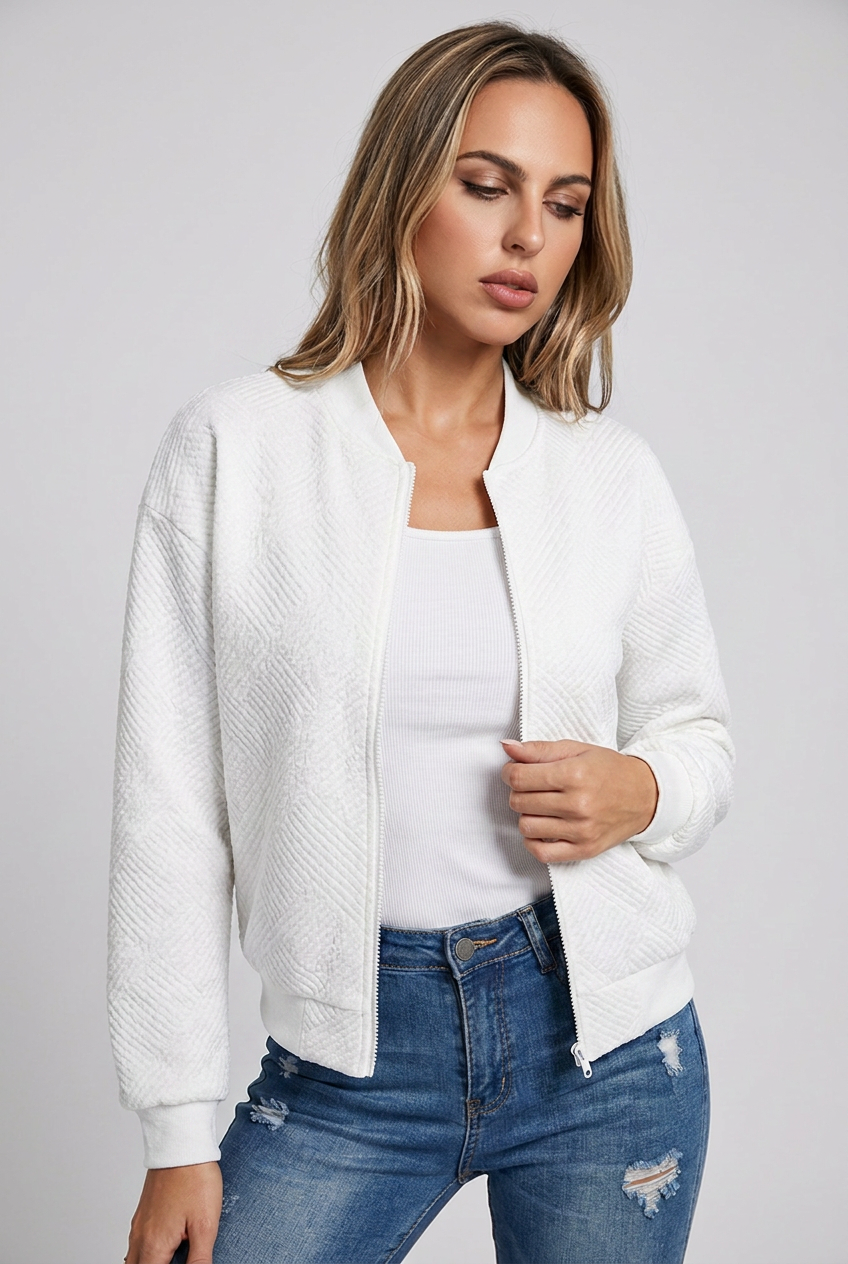 Textured Knit Zip Bomber Jacket Women