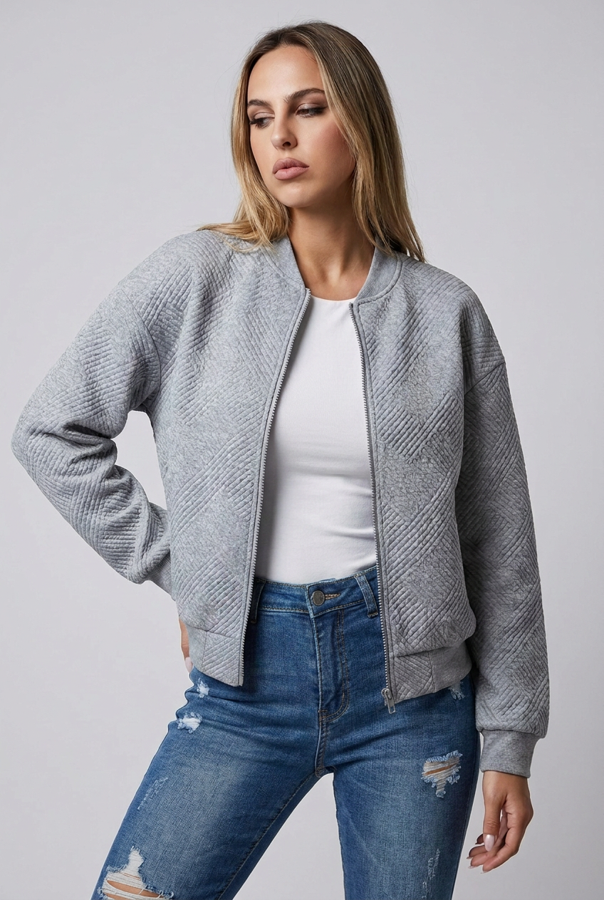 Textured Knit Zip Bomber Jacket Women