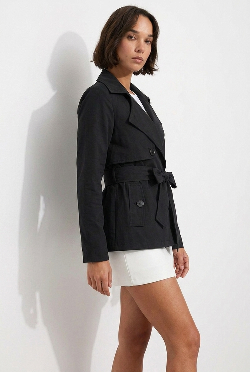 Notch Lapel Double-Breasted Belted Short Trench Coat Women