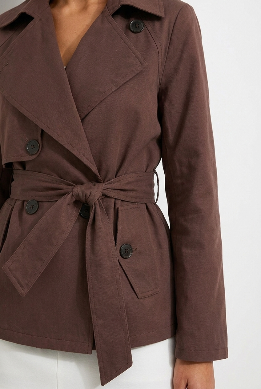 Notch Lapel Double-Breasted Belted Short Trench Coat Women
