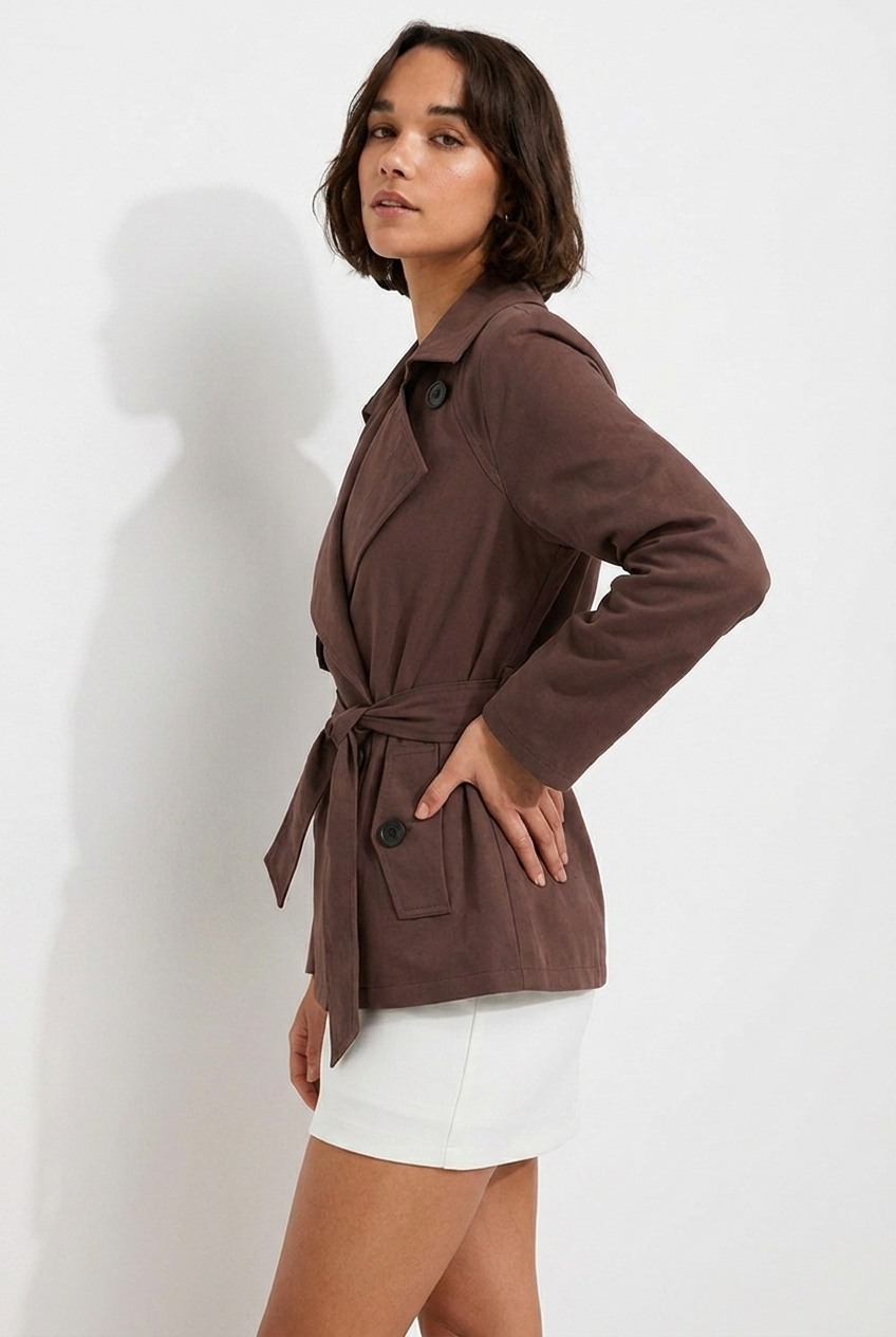 Notch Lapel Double-Breasted Belted Short Trench Coat Women