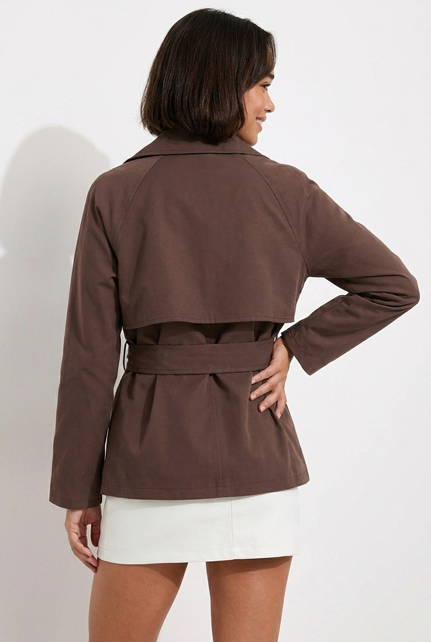 Notch Lapel Double-Breasted Belted Short Trench Coat Women