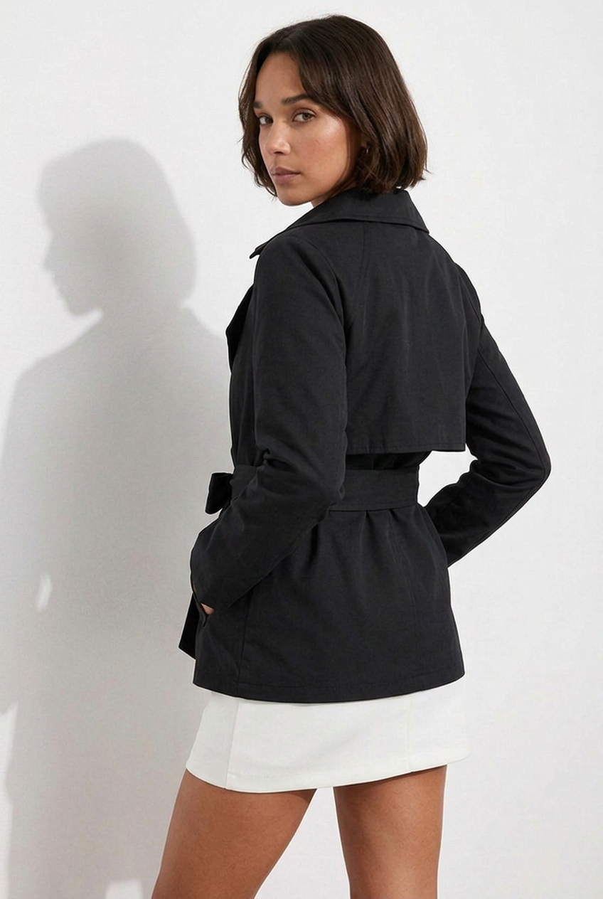 Notch Lapel Double-Breasted Belted Short Trench Coat Women