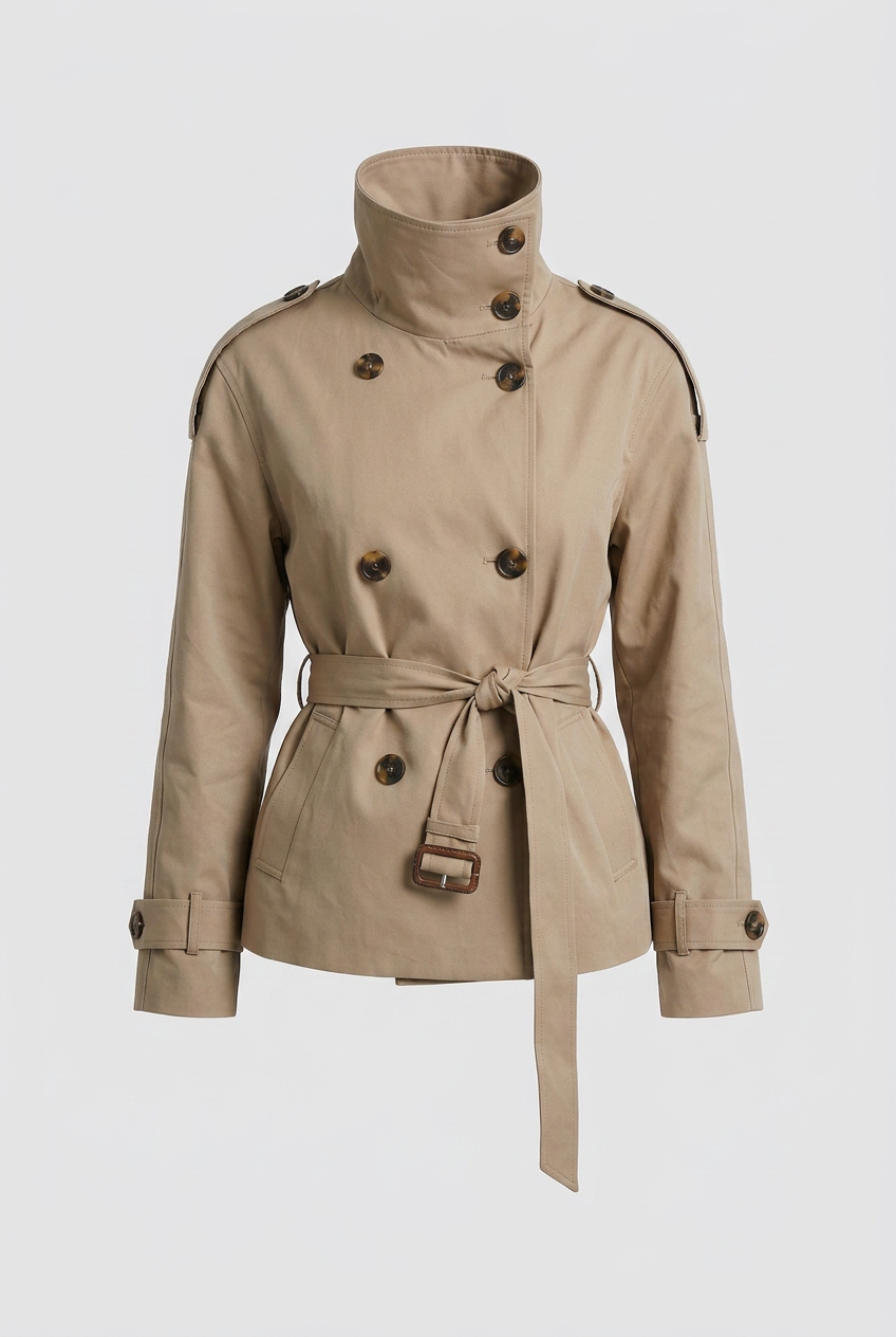 Beige Double-Breasted Turtle Neck Trench Coat Women