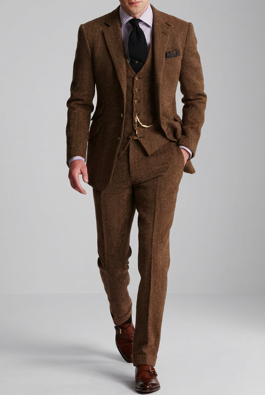 Men’s Three-Piece Tweed Tuxedo – Classic Tailored Suit Set Formal Suit
