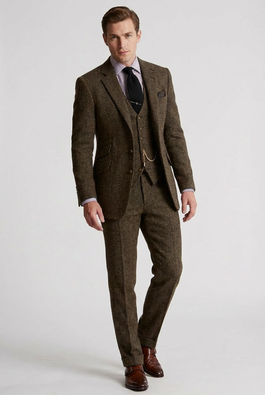 Men’s Three-Piece Tweed Tuxedo – Classic Tailored Suit Set Formal Suit