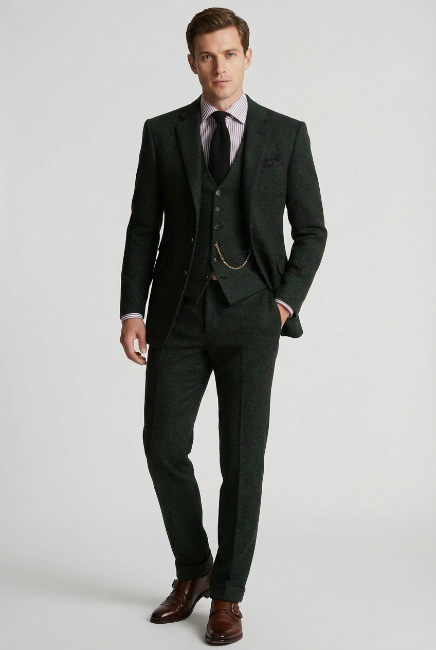 Men’s Three-Piece Tweed Tuxedo – Classic Tailored Suit Set Formal Suit