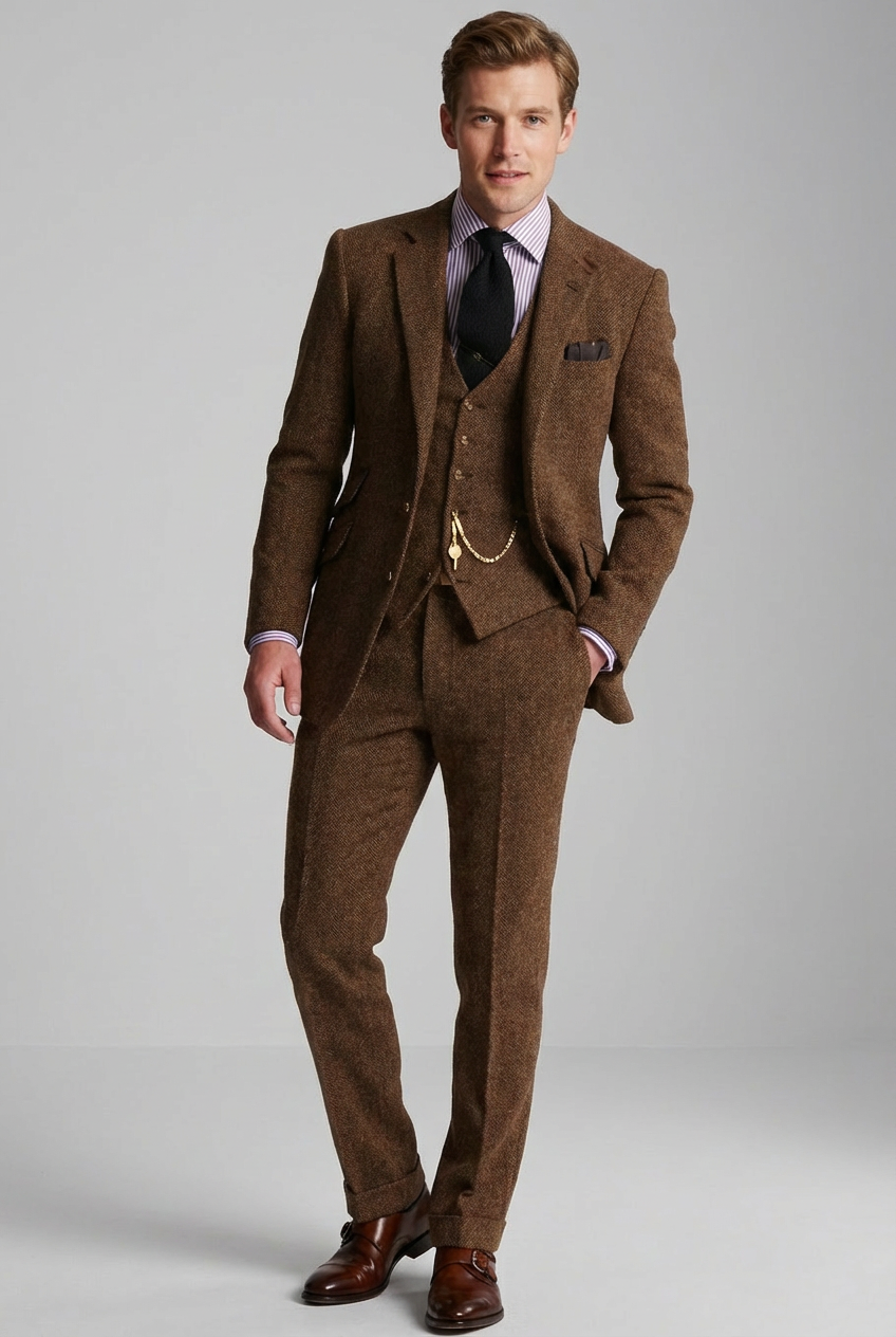 Men’s Three-Piece Tweed Tuxedo – Classic Tailored Suit Set Formal Suit