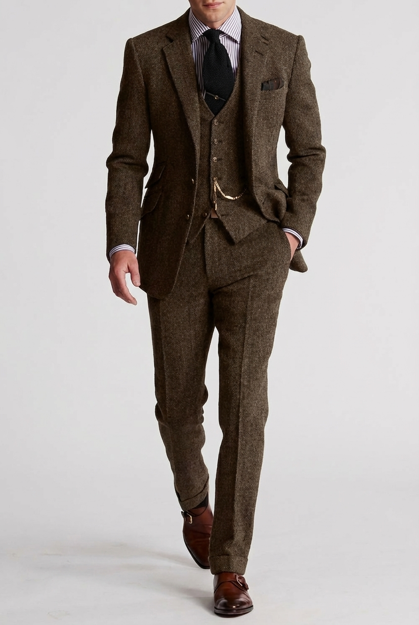 Men’s Three-Piece Tweed Tuxedo – Classic Tailored Suit Set Formal Suit